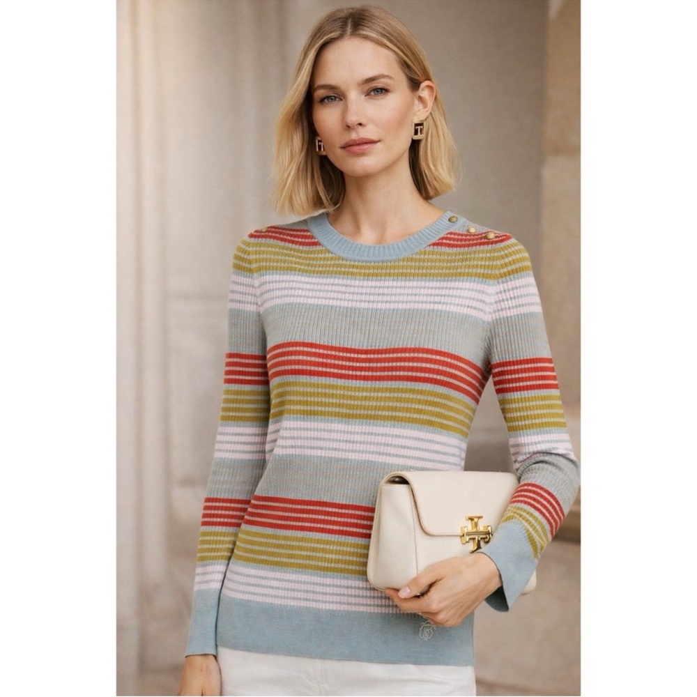 Tory Burch Blue and Multicolor Striped Sweater
